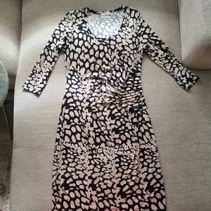 CALVIN KLEIN Cheetah Print 3/4 Sleeve Sheath Black Tan Dress Sz 10